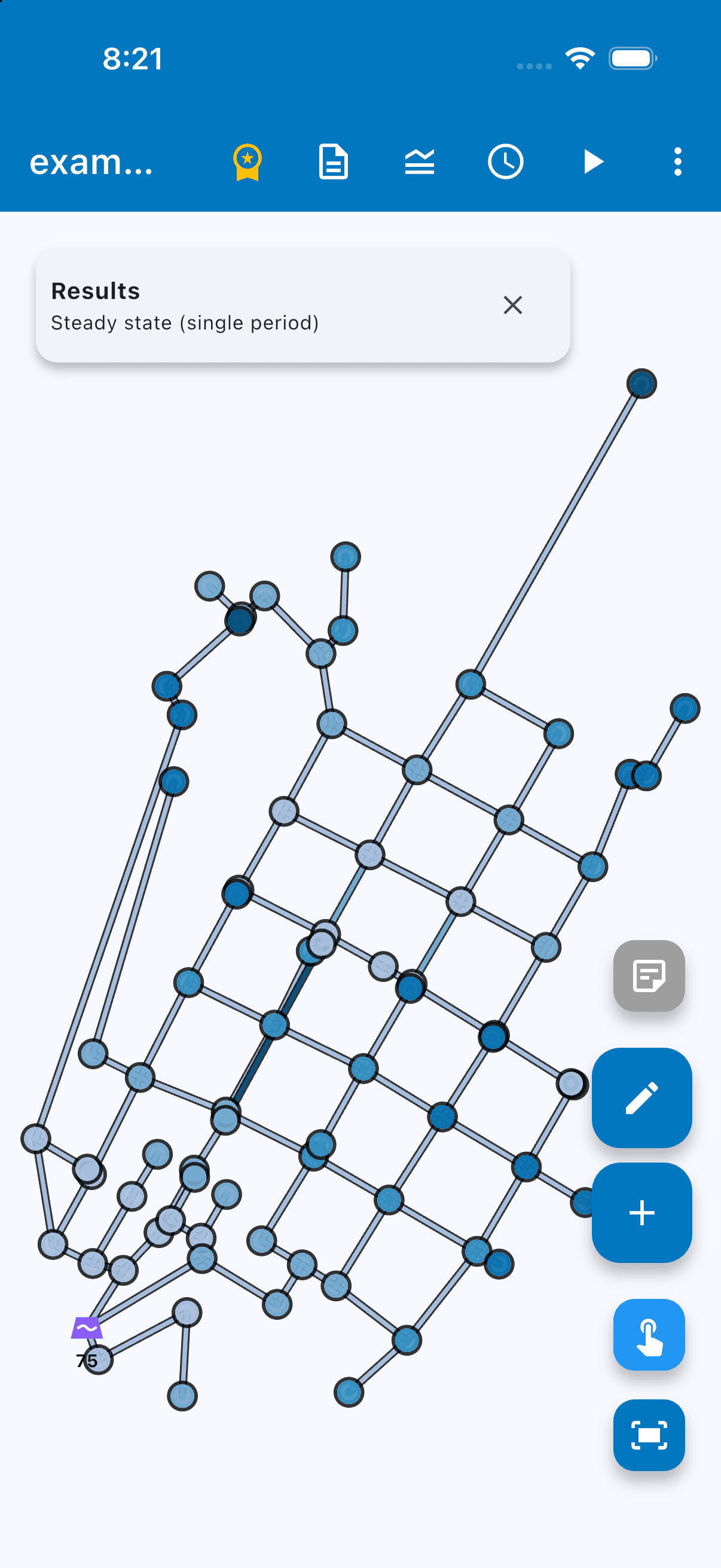 FlowAnalyzer Mobile: results of an example network on a phone, junctions colored by pressure