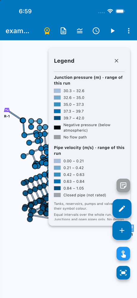 FlowAnalyzer Mobile: the legend of an example network on a phone, with the pressure and velocity ranges of the run