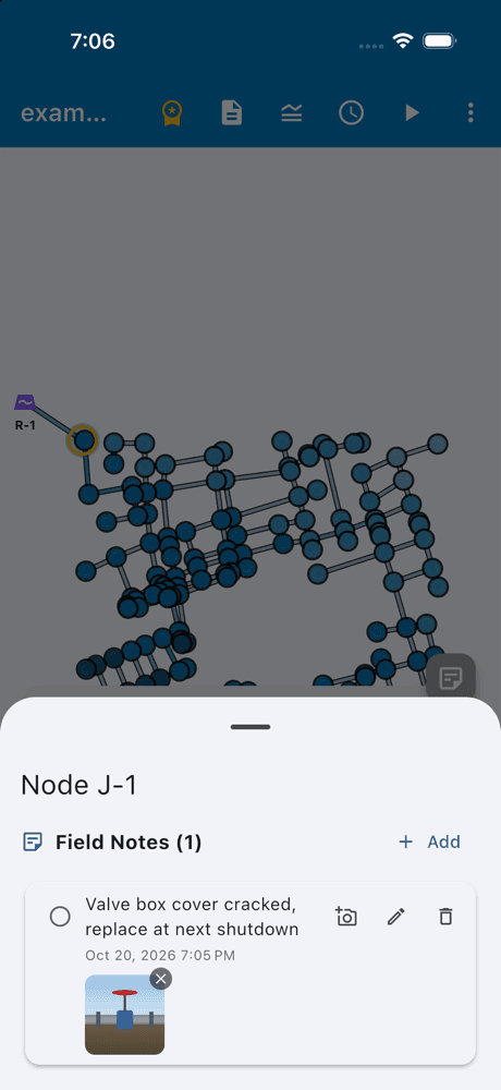FlowAnalyzer Mobile: a field note on a junction of an example network, with a photo attached (illustration)